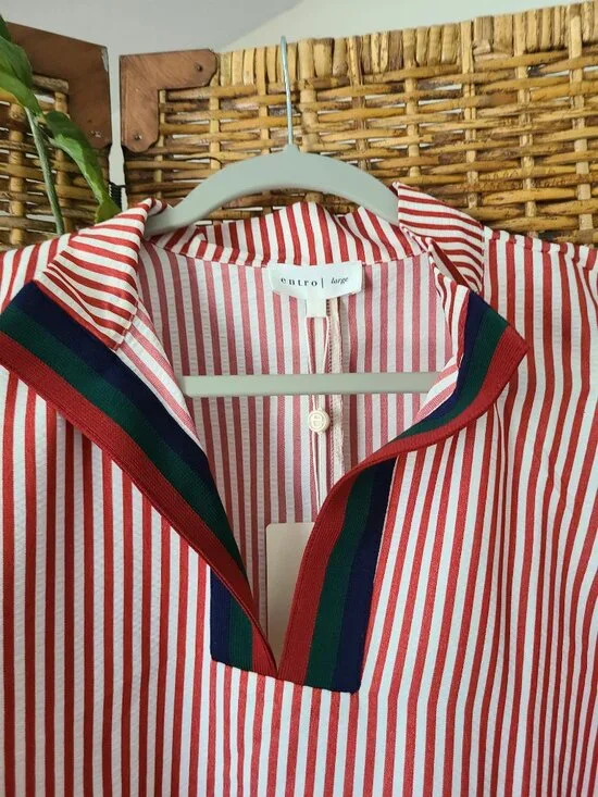 NWT Flowly Oversized Blouse Top Entro Loose Spring SZ Large Red White Stripe SS - Picture 3 of 8